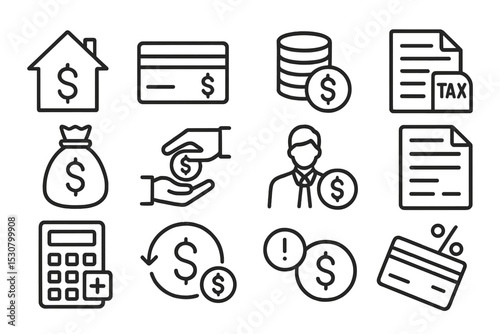 Financial concepts and symbols representing money management and taxation in a simple line art style
