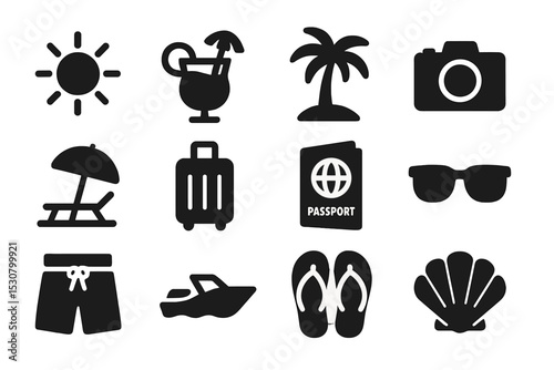Summer vacation essentials including sun, drinks, and travel items at beach resort in sunny weather