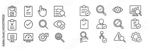 Collection of outlined icons representing various activities in business and data analysis on a simple background