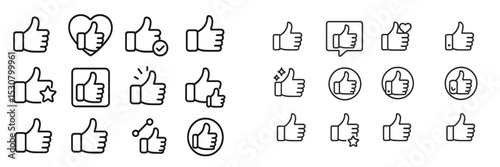 Collection of diverse thumbs up icons in black and white illustrating various positive reactions and emotions