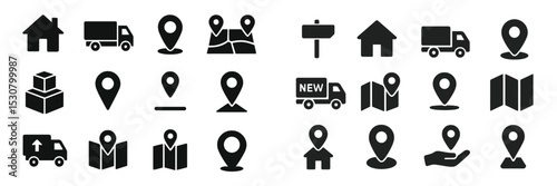 Collection of location and delivery icons featuring houses, trucks, maps, and various markers for navigation and transport