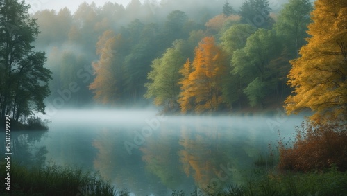 Fototapeta Naklejka Na Ścianę i Meble -  A peaceful mountain scene featuring a misty lake encircled by dense forest during sunset in Wyoming, USA