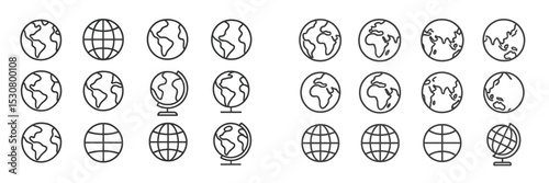 Collection of simple line drawings depicting globes and maps in various styles and orientations on a white background
