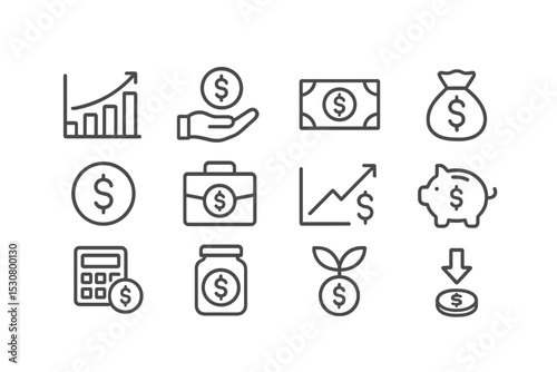 Financial symbols illustrating growth, savings, investment, and currency management concepts in a minimalist style