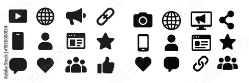 Collection of black icons representing communication, social media, and digital interactions on a white background