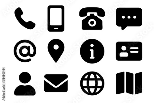 Various black icons representing communication tools, location, and personal information display in a grid format
