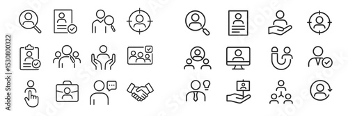 Collection of minimal line icons representing various aspects of recruitment and human resources in a professional setting