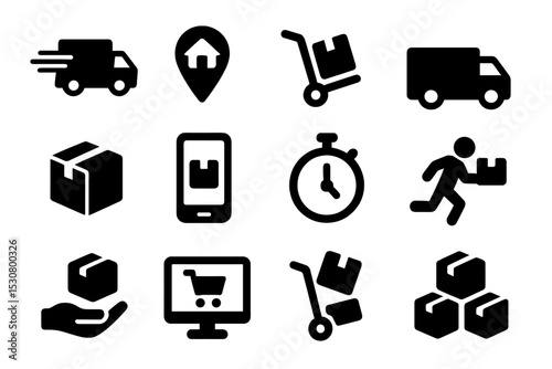 Delivery and logistics icons representing various stages of the shipping process in a minimalistic style