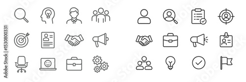 Various business and teamwork icons representing collaboration, ideas, and career development in a diverse workspace setting
