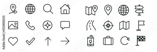Collection of simple icons representing navigation and location concepts for digital use and design purposes, suitable for various applications