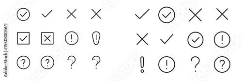 Collection of various symbols including check marks, crosses, question marks, and exclamations against a plain background