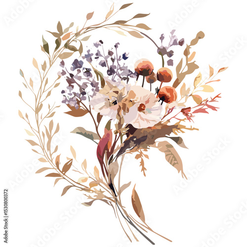 Wedding invitation card with autumn dry flowers, birthday greeting, summer holiday background, botanical art, watercolor painting, vector illustration, seasonal floral bouquet, nature design.