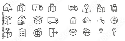 Various transportation and logistics icons representing delivery, location tracking, and moving services in a modern design
