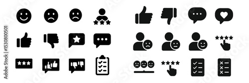 Various simple black icons representing emotions, ratings, and communication in flat design style for user feedback components