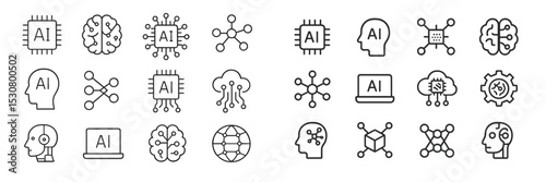 Collection of various AI-related icons depicting brain networks, processors, and technology symbols in a minimalistic design