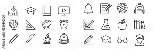 Variety of educational icons representing different subjects and tools for learning in a simple line art style