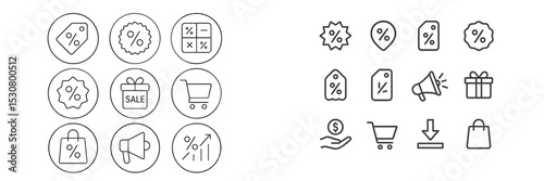Collection of simple marketing icons depicting discounts, sales, and promotions suitable for e-commerce design projects