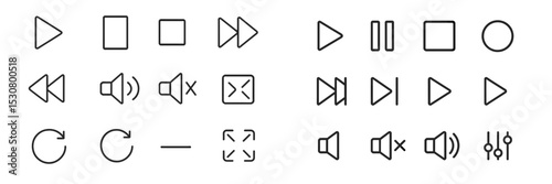 Collection of multimedia control icons arranged in a grid format for user interface design purposes