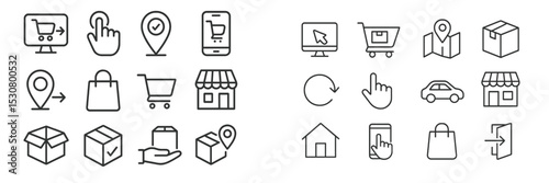 Icon collection representing online shopping, delivery, and navigation in a modern digital marketplace environment