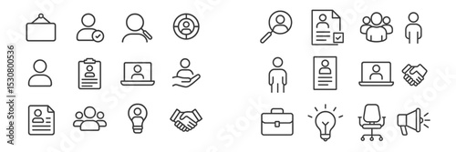 Collection of minimalistic icons representing various professional activities and human interactions in a modern design style