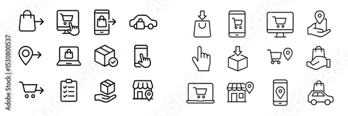 Shopping icons illustrating various online buying and delivery activities in a simple, modern design layout