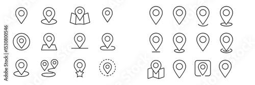 Various location icons depicting maps, pins, and coordinates arranged in a neat grid for digital navigation purposes