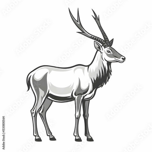Minimalist black and white vector icon of a saola with long straight horns and deer-like body in profile, clean line art, rare Asian animal concept, no background