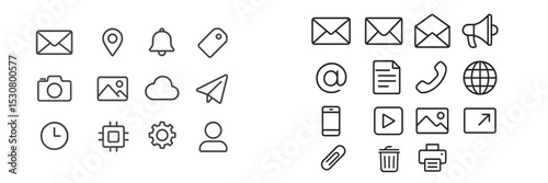 Collection of simple line icons depicting communication, technology, and social media concepts for modern digital interaction