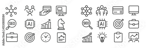Collection of business and technology icons highlighting data analysis and digital marketing concepts in a linear style