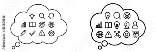 Thought bubbles filled with various icons representing creativity, knowledge, and planning for a productive session