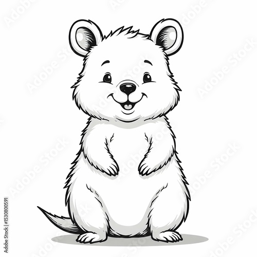 Single black and white vector icon of a smiling quokka standing upright, minimalist line art style, friendly marsupial from Australia, no background