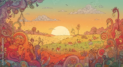 Whimsical Sunset Landscape with Cartoonish Houses and Abstract Floral Elements