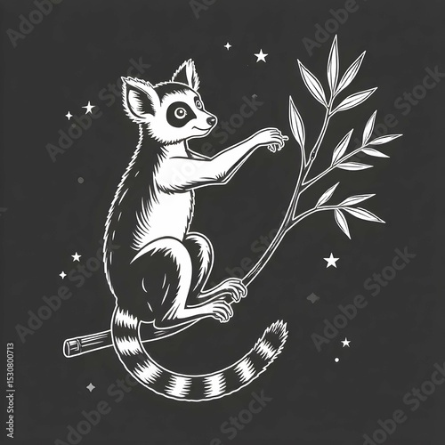Minimalist black and white vector icon of an aye-aye lemur with long middle finger extended toward a branch, clean line art, nocturnal primate icon, no background