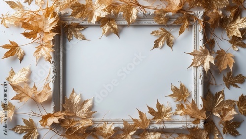 Autumn frame featuring dry and gold glitter leaves set against a white background isolated.
