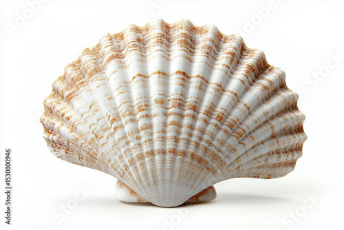 Striated Scallop Shell White and Brown Textured Detail on White Background, Marine Life