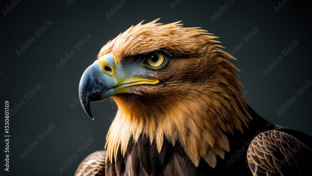 Fototapeta premium A single golden eagle against a dark background. A monochrome close-up of a large raptor's head.