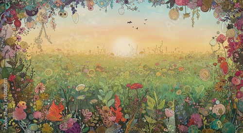 Whimsical Sunset Meadow: A vibrant, fantastical illustration of a blooming meadow at sunset, framed by an array of unique, colorful flowers and organic shapes. Perfect for creating a magical