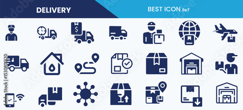 Best delivery solid icon set collection. Package, earnings, fast shipping, courier service, parcel tracking and vector illustration.