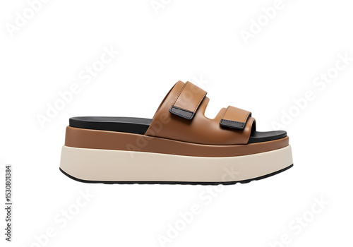 Brown Leather Platform Sandals: Women's Summer Fashion Footwear, Double Strap Slide Sandals, Comfortable Wedge Sandals