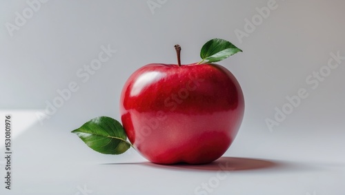 A red apple with leaves displayed prominently.