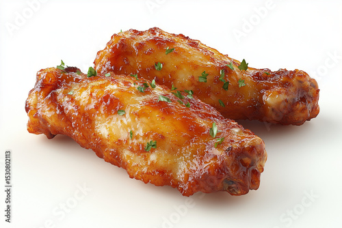 Two Glazed Chicken Wings Sprinkled with Fresh Parsley Against a White Background