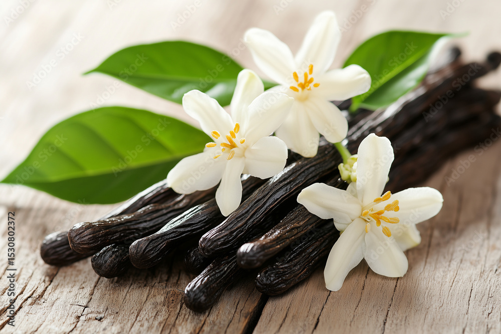 Naklejka premium Vanilla Beans with Blossoms and Green Leaves on Rustic Wood Surface Still Life