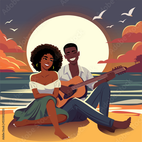 Couple in love on the beach with guitar