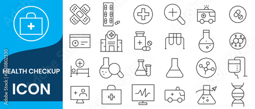 Health Checkup icon set. Medical care patient diagnosis icon collection. Containing report, care, laboratory, exam, healthy, check, hospital and more. Icons for design. Health line icons.