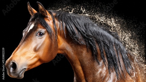 Close-up of a brown horse with a flowing black mane against a dark background photo
