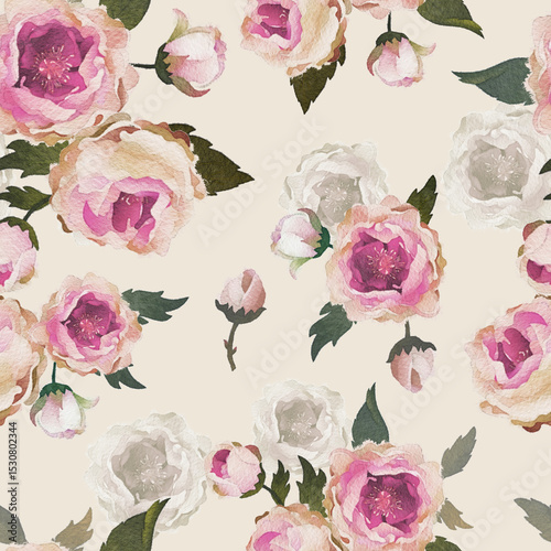 Seamless pattern of watercolor peony roses in vintage colors. Gorgeous flowers for textiles, wallpaper and interior design