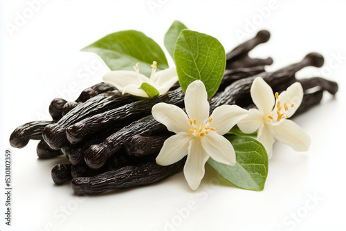 Vanilla Beans with Flowers and Leaves on White Background Culinary and Aromatic Theme