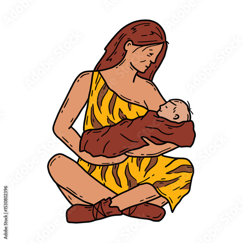 Vector linear hand drawn icon of a prehistoric mother in animal skin holding a baby in doodle style.