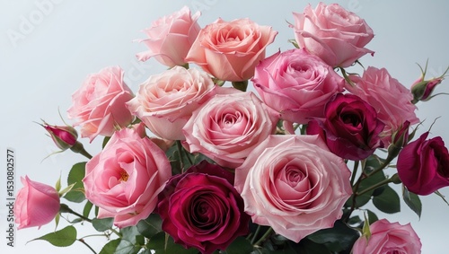 Against a white background, a beautiful bouquet of roses blooms brightly.
