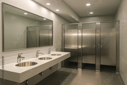 Modern commercial restroom features sleek stainless steel sinks, row of private stalls with reflective metal doors. Well-lit interior.
